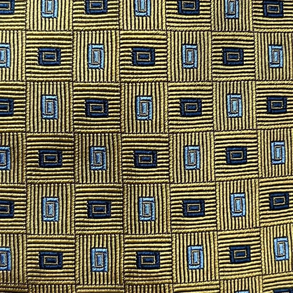 Brooks Brothers Makers Gold Blue Rectangular Print 100% Silk Men’s Necktie Work - Picture 2 of 5